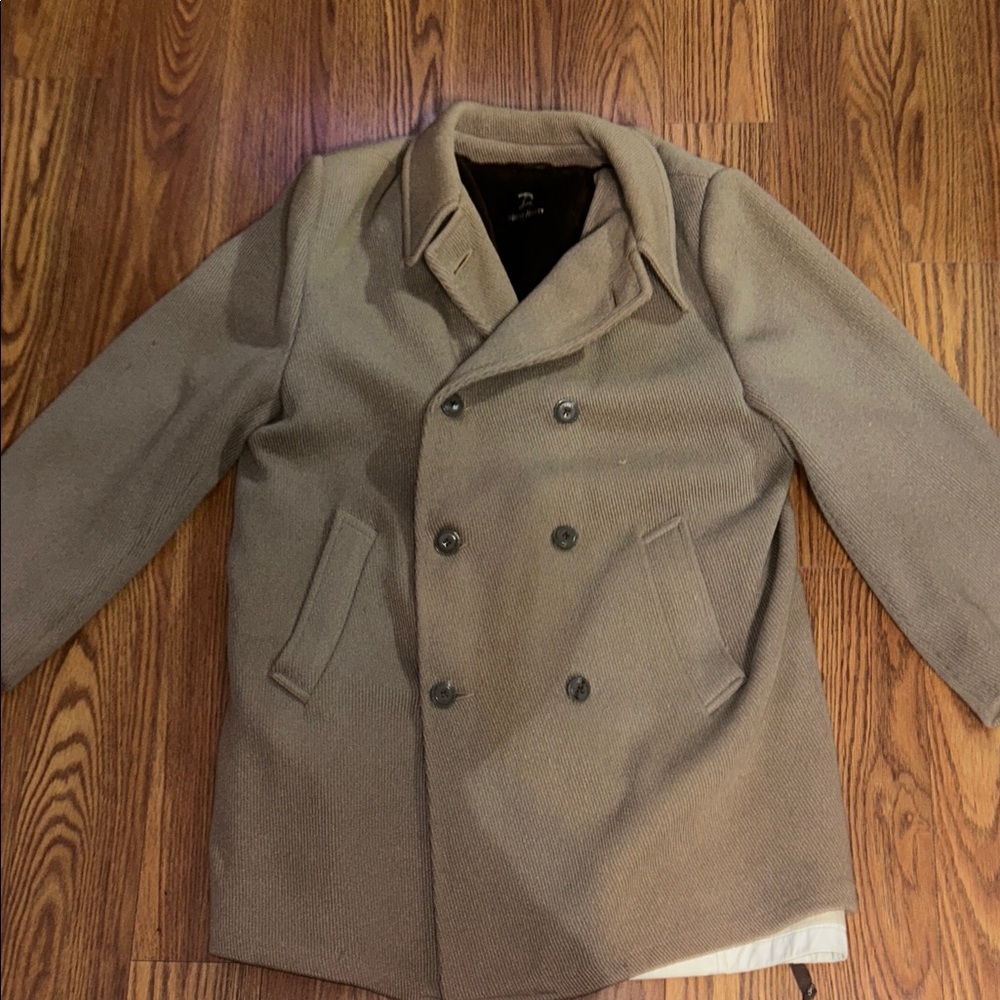 Neiman Marcus Rare Vintage Wool & Leather  Men's Double-Breasted‎ Brown Pea Coat